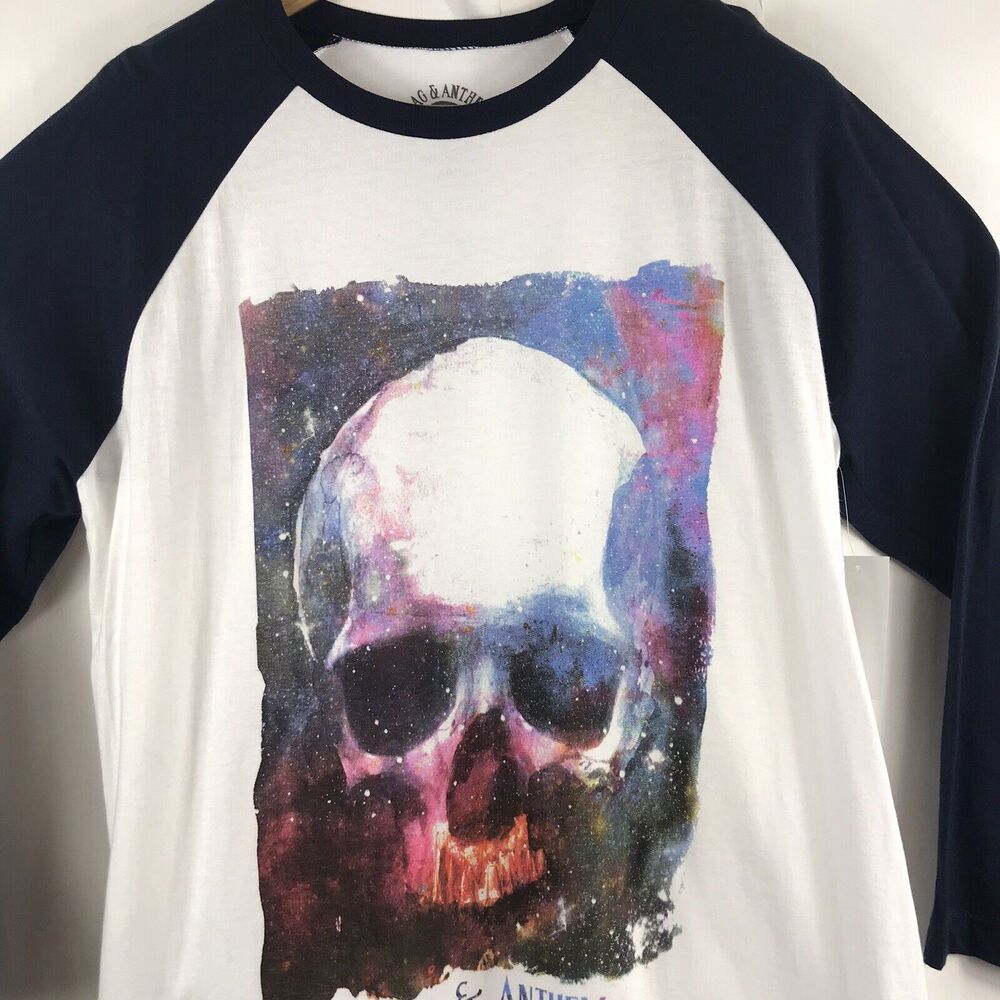 Flag & Anthem Mens L Skull Graphic Baseball T-Shirt Navy White 3/4 Sleeve Cotton - Picture 3 of 5